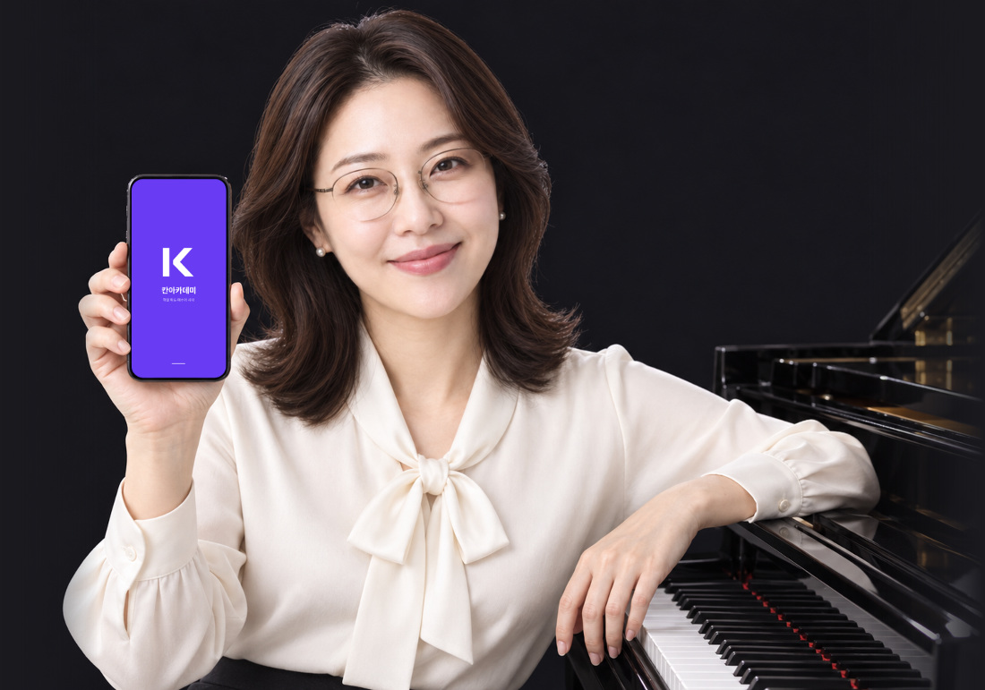 피아노 곁에서 칸아카데미 스플래시 화면이 보이는 휴대폰을 든 모델